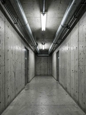 A service corridor in a brutalist institution — pipes overhead, board-formed con