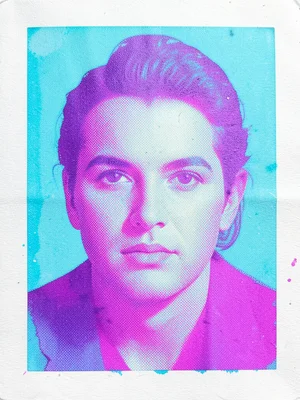 Halftone portrait with only two plates printed — cyan and magenta — creating an 