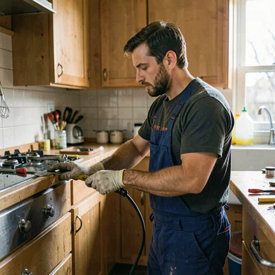 maintenance technician at work in a kitchen, repair scene