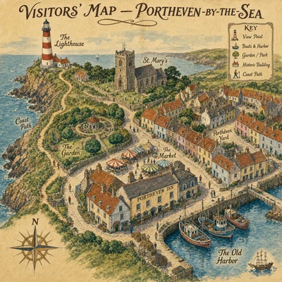 A 1965 hand-painted tourist illustrated map of a small fictional coastal town, filling a square 1:1 frame, full bleed — 