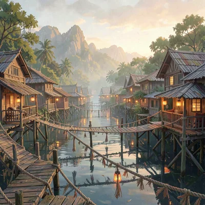 Painterly build vista of a stilted lake village with rope bridges and lantern li