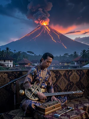 Gamelan musician with bronze instruments