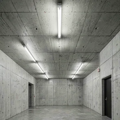 A concrete ceiling detail — board-form texture pattern, raw tie holes, monumenta