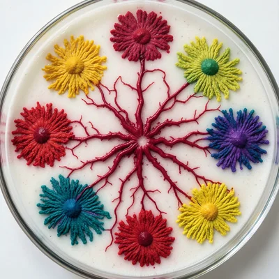 Serratia marcescens colonies in blood-red pigment radiating across an agar plate