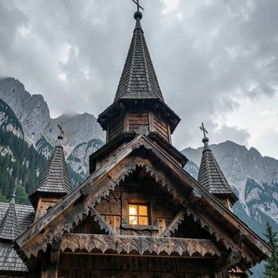 Maramures wooden craft, hand-carved church detail, Wooden church spire reaching 
