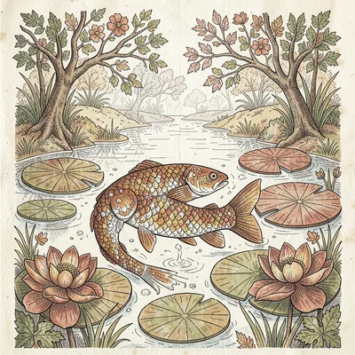Kalamkari pen illustration, fish swimming in pond with lily pads , hand-drawn pe