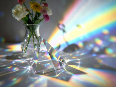 Prismatic light passing through glass vase of flowers, rainbow on wall