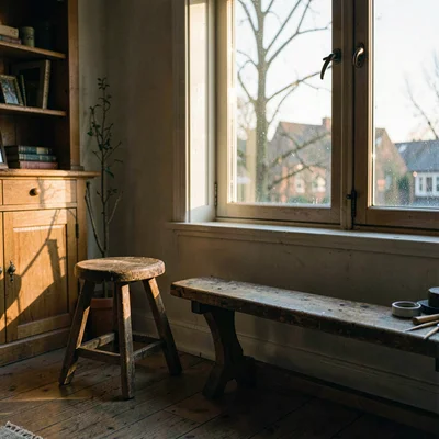 Atmospheric of a shoemaker's stool and bench by a tall window, late afternoon li