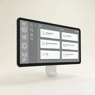 Side-angle product shot of a sales CRM window floating above a cream backdrop, s
