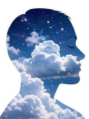 Sleeping face silhouette filled with dreamy clouds and stars, double exposure