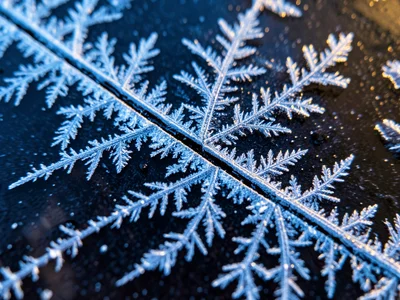 Ice crystal boundary in frozen pond, where two crystal grains meet at an angle, 