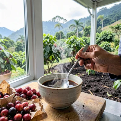 Silver Cupping Spoon Mid-Slurp Over Ceramic Bowl