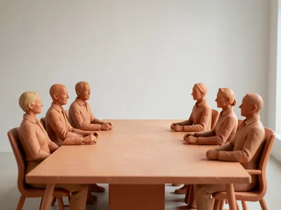Conference table meeting where participants are clay sculpture figures, warm ter