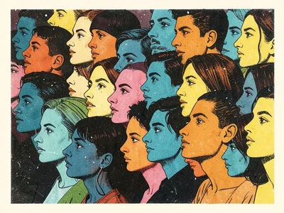 A crowd of faces in profile, overlapping at different depths