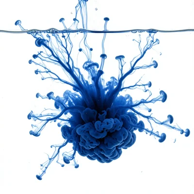 Ink bloom in very cold water, slow diffusion creating tight controlled shapes wi