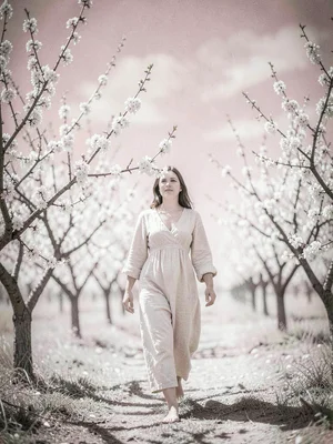 Woman in a pale linen dress walking through an orchard with white blossoms reach
