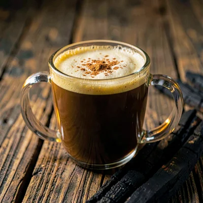 Glass mug of dark turmeric latte on charred wood with a sprinkle of cinnamon dus