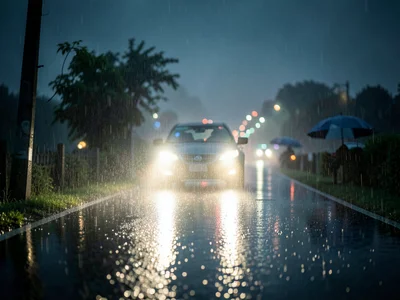 Car headlights approaching through heavy rain on a country road, each headlight 