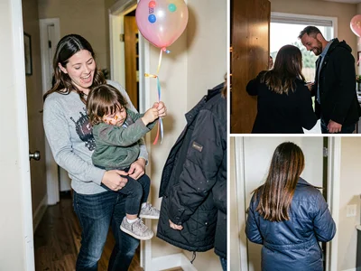 Child being carried out of birthday party asleep, cake-stained face, balloon tie