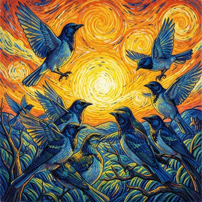 Post-impressionist Provençal intensity, emotional saturated color, Starlings mur