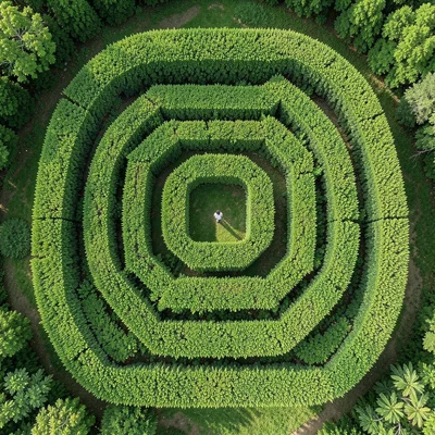 Hedge maze from above, geometric perfection, tiny figure at center