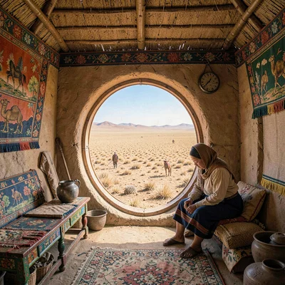 Gobi steppe horizontal, Mongolian vastness, Ger interior, colorful painted furni