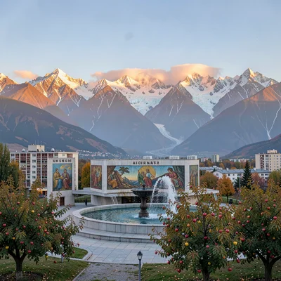 Tian Shan mountains behind Soviet Almaty, Soviet fountain plaza with mosaic mura