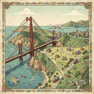 Illustrated map illustration, San Francisco with Golden Gate, cable cars, and hi