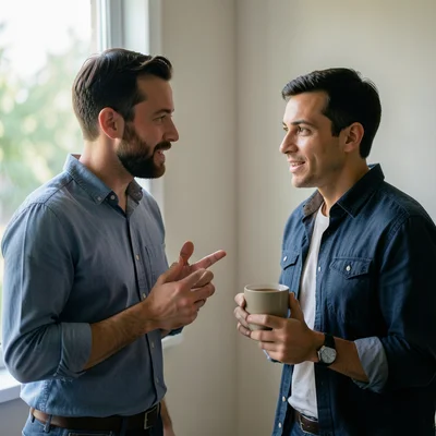 Manager giving feedback to an employee in a quiet corner, both holding coffee cu