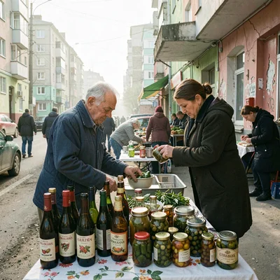 Post-Soviet urban photography, Bottles of homemade wine and jars of pickled vege