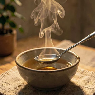 Cozy story tile of a tasting spoon on the rim of a small bowl of broth, fine ste