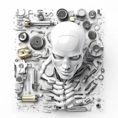 3D plastilina robot brain assembly tools on clean whi