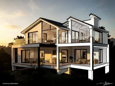 House photo transitioning to architectural cross-section, rooms visible, drawn s