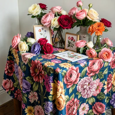 A side table covered in competing floral tablecloth, flowers, and botanical prin