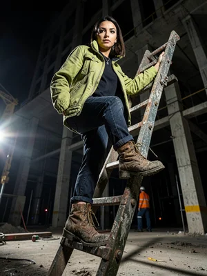 Muddy boots ascending ladder, low angle power shot, ascension editorial