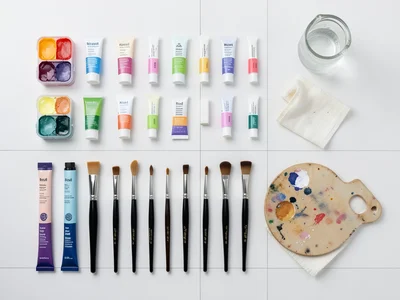 A watercolor paint set: tubes arranged by color, brushes graded by size, a palet