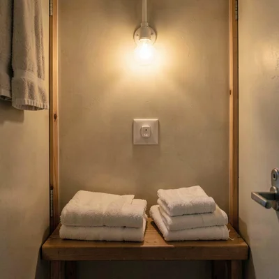 cozy interior of a small changing room with folded linen towels, warm bulb