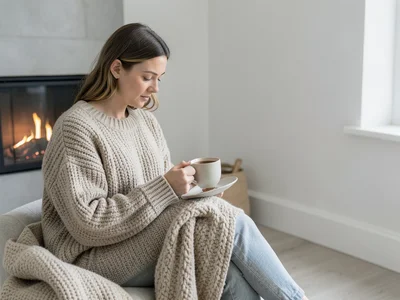 Person in chunky knit sweater reading by fireplace, mug of cocoa, blanket