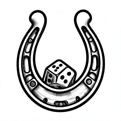 Traditional tattoo flash illustration, Horseshoe with dice inside , bold black o