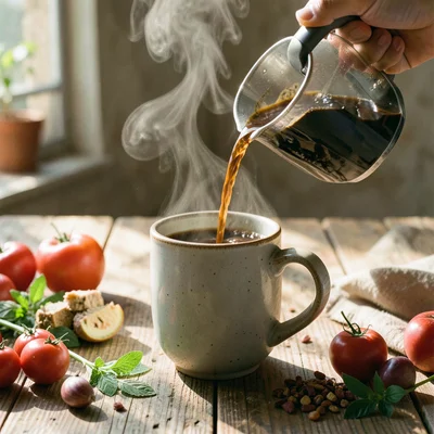 French press coffee being poured into a ceramic mug, steam rising in morning lig