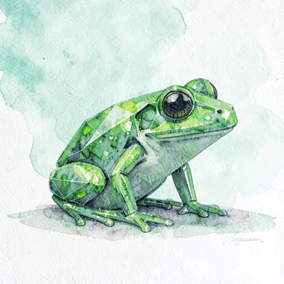 Faceted peridot lowpoly frog squatting on flat ground with bright green internal