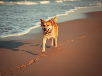 Candid photography style: a joyful dog running fast along the shoreline of a sunlit beach, paws kicking up sand, wind in