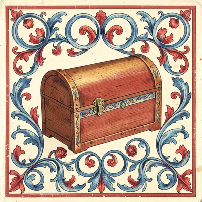 Scandinavian rosemaling illustration, a wooden trunk with flowing acanthus scrol