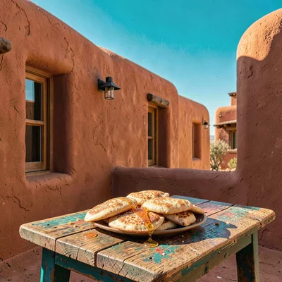Santa Fe adobe warmth, high desert light clarity, Fresh sopaipillas with honey o