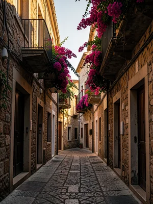 Narrow cobblestone alley in a Mediterranean town, bougainvillea hanging from bal