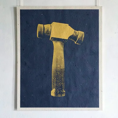 Bold screenprint poster of a halftone hammer silhouette in mustard over flat nav