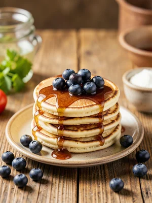Stack of fluffy pancakes drizzled with maple syrup and topped with blueberries