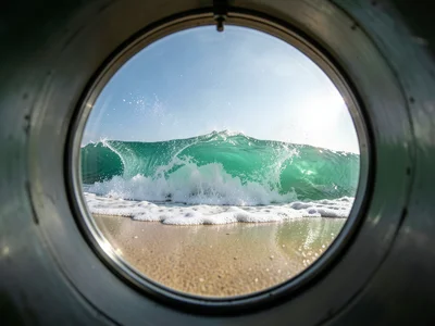 Shorebreak tube at sand level — wave hollowing over shallow sand bar, foam racin