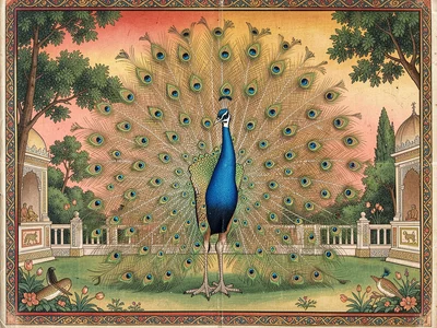 Peacock with tail spread in a formal garden — each feather detailed individually