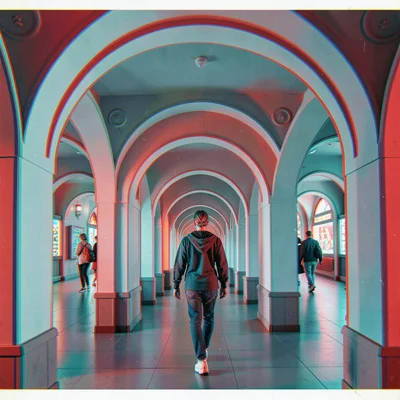 Anaglyphic stereo 3D photograph, Person walking through arcade of arches, repeti